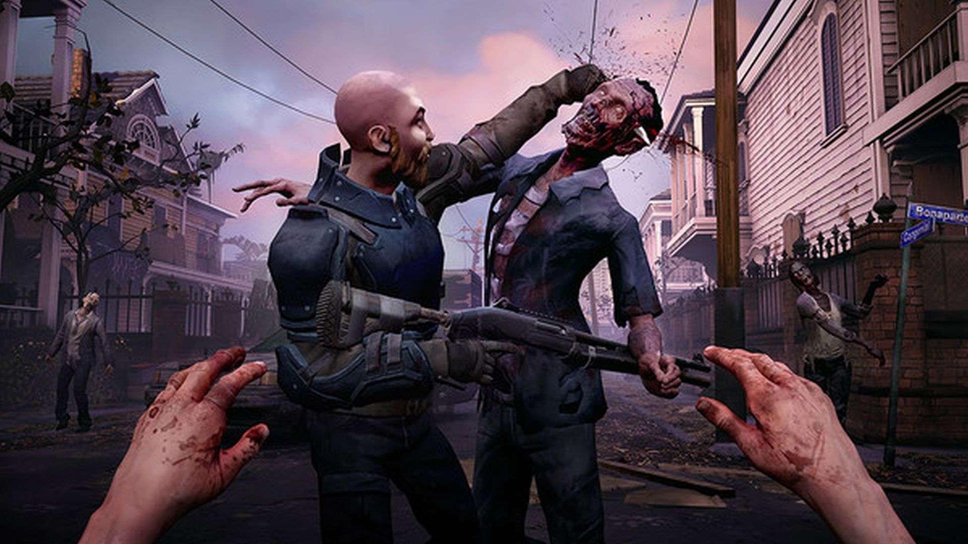 بهترین بازی های ترسناک - Walking Dead screenshot of a police officer stabbing a zombie through the head with a small knife in a zombie-infested street