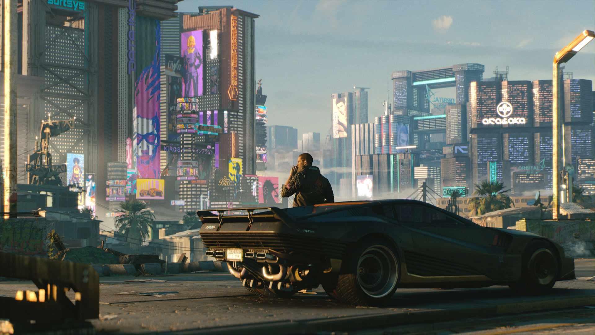 A player outside of their car in Cyberpunk 2077, یکی از بهترین بازی های RPG.