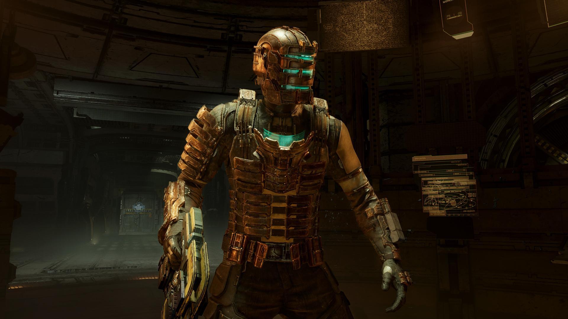 بهترین بازی های ترسناک - Dead Space Remake screenshot of Isaac in the Ishimura Space Station, holding his iconic plasma cutter gun