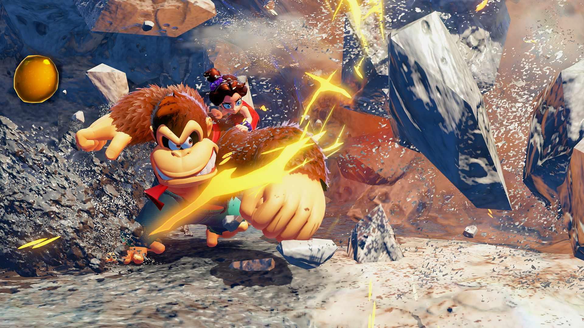 Donkey Kong در Donkey Kong Bananza روگ لایک در حال مشت زدن به سنگ ها با Pauline روی شانه خود