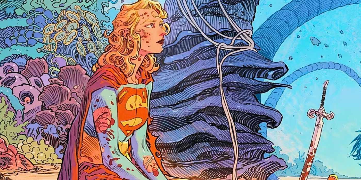 یک Supergirl خون آلود و ژولیده در کمیک Supergirl Woman of Tomorrow نشسته و به فکر فرو رفته است - اقتباس های کمیک DCU