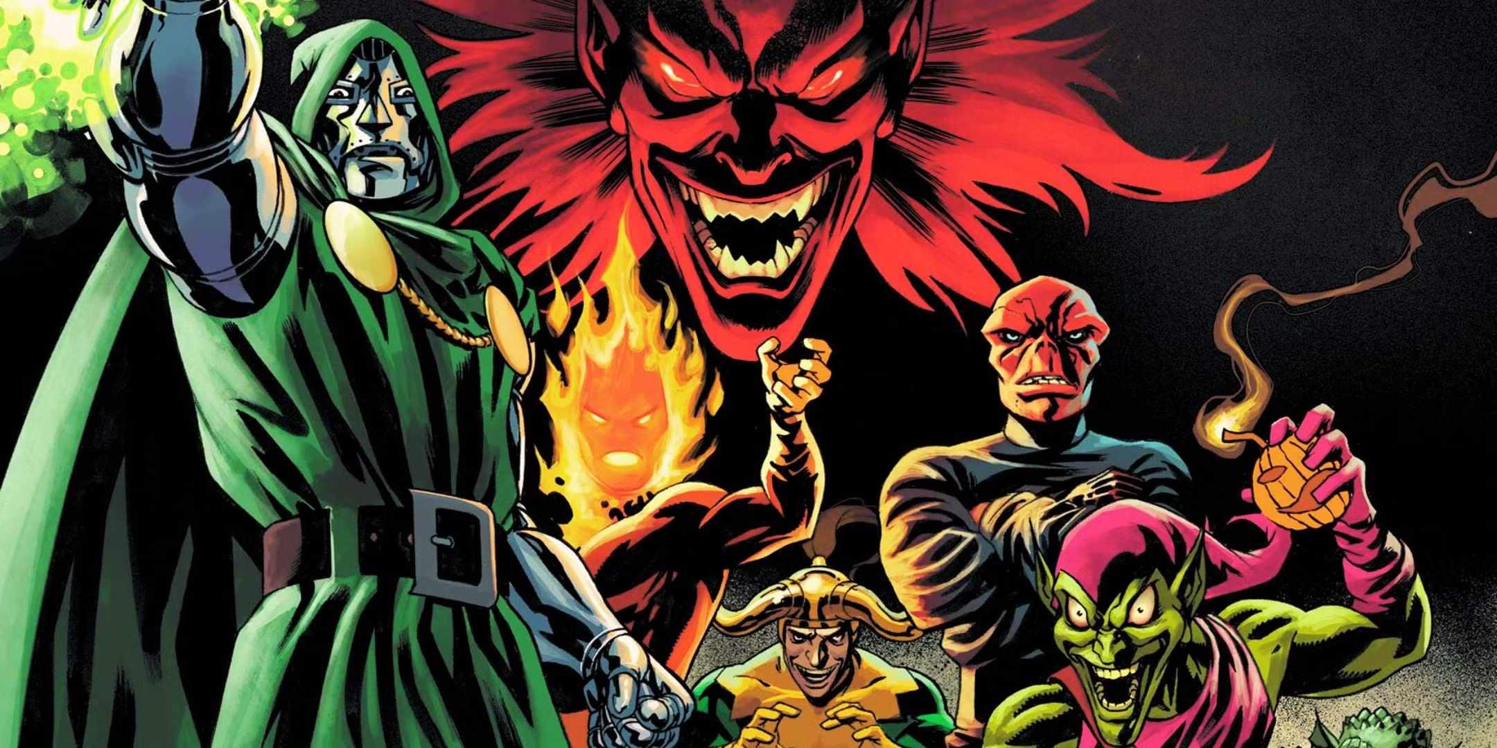 Bring on the Bad Guys #1 Variant cover featuring Doctor Doom and potential شرورهای همراه Doctor Doom, including Mephisto, Dormamu, Loki, Red Skull, and Green Goblin