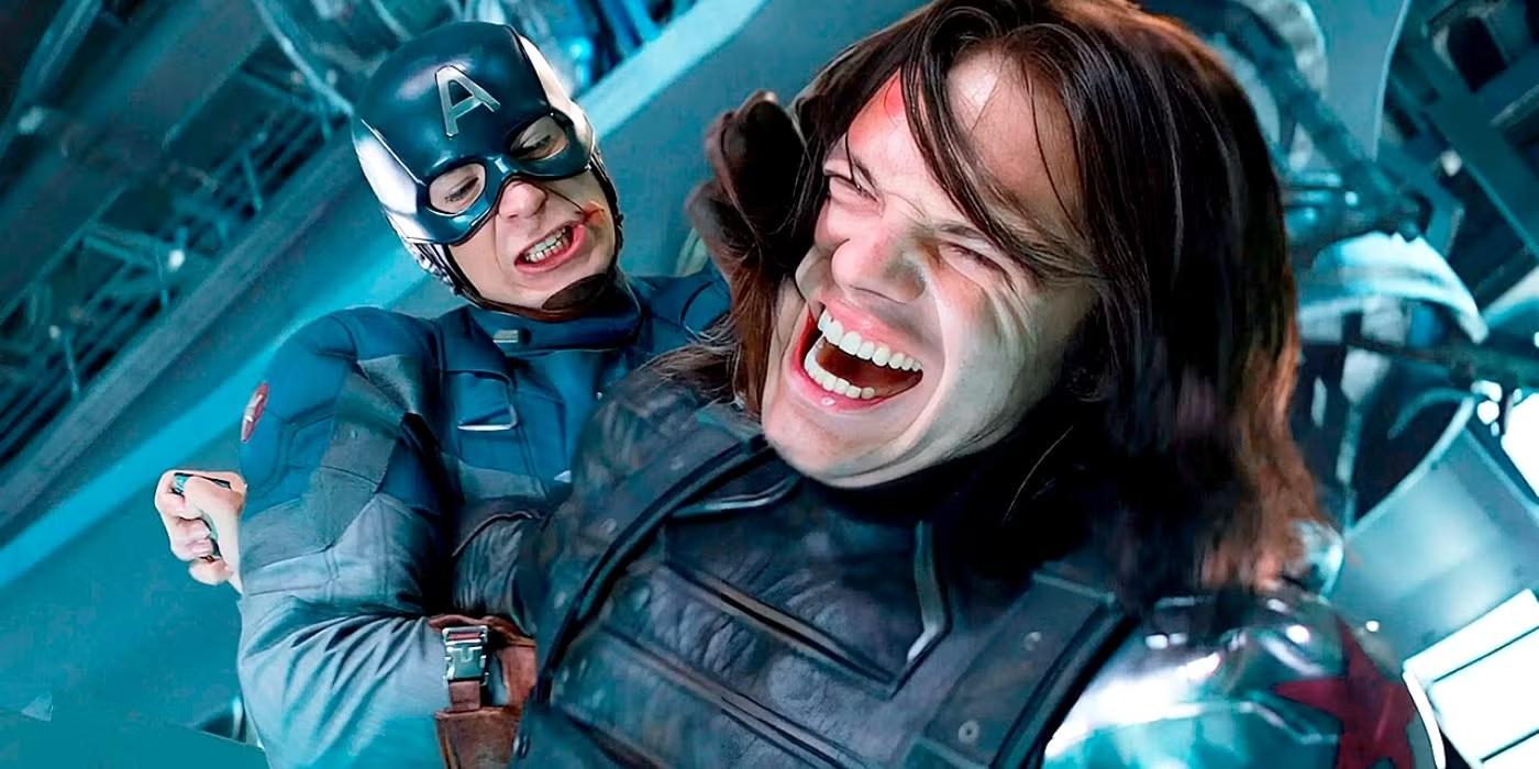باکی بارنز و استیو راجرز در حال مبارزه در فینال Captain America: The Winter Soldier، فیلم های ابرقهرمانی که باید دید