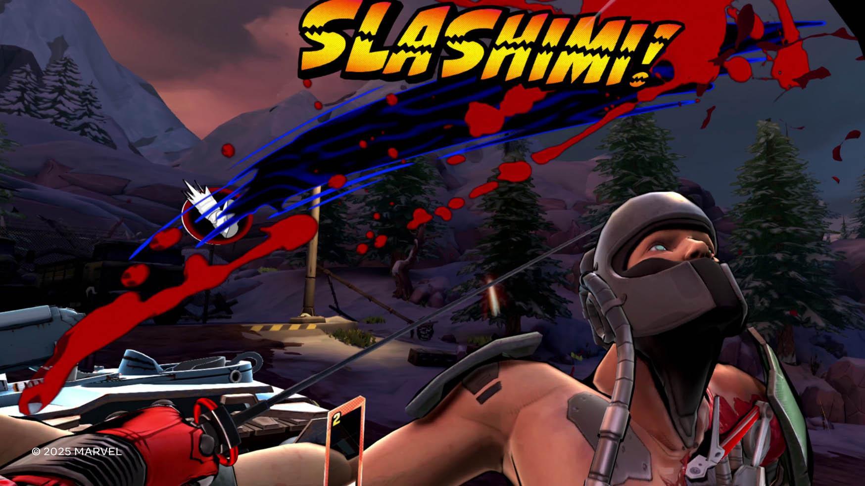 گیم پلی ددپول VR: Deadpool باعث پاشش خون در Marvel's Deadpool VR می شود و کلمه 'Slashimi!' روی صفحه نمایش ظاهر می شود
