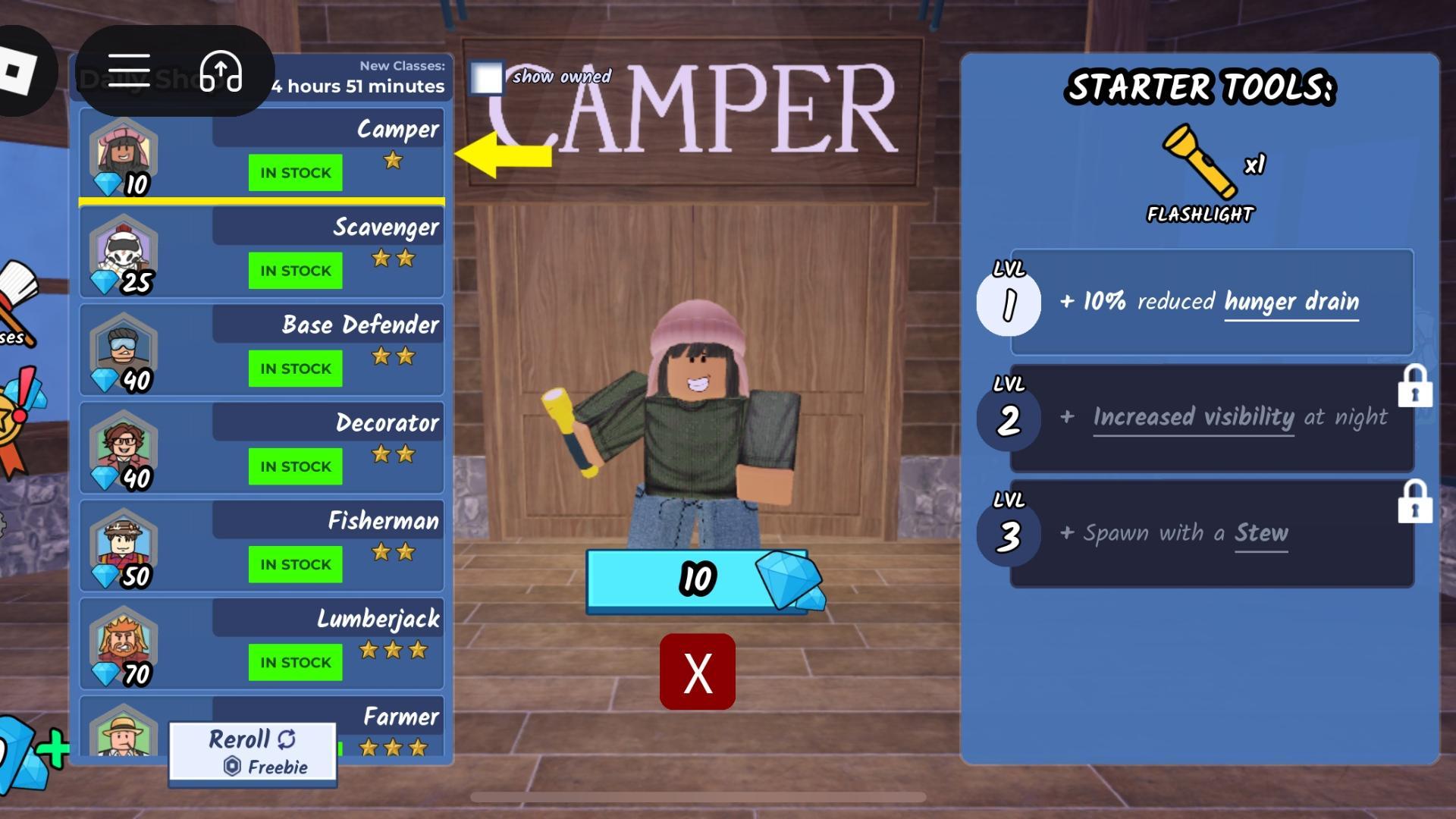 کلاس Camper موجود برای خرید در 99 Nights in the Forest، راهنمای کلاس های 99 Nights in the Forest در Roblox