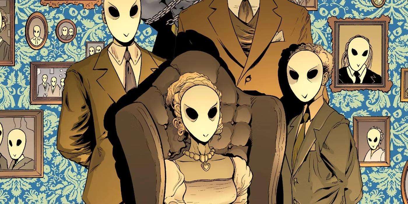 هنر کمیک: خانواده ای از Court of Owls با ماسک های جغد سفید، نقش منفی The Batman 2