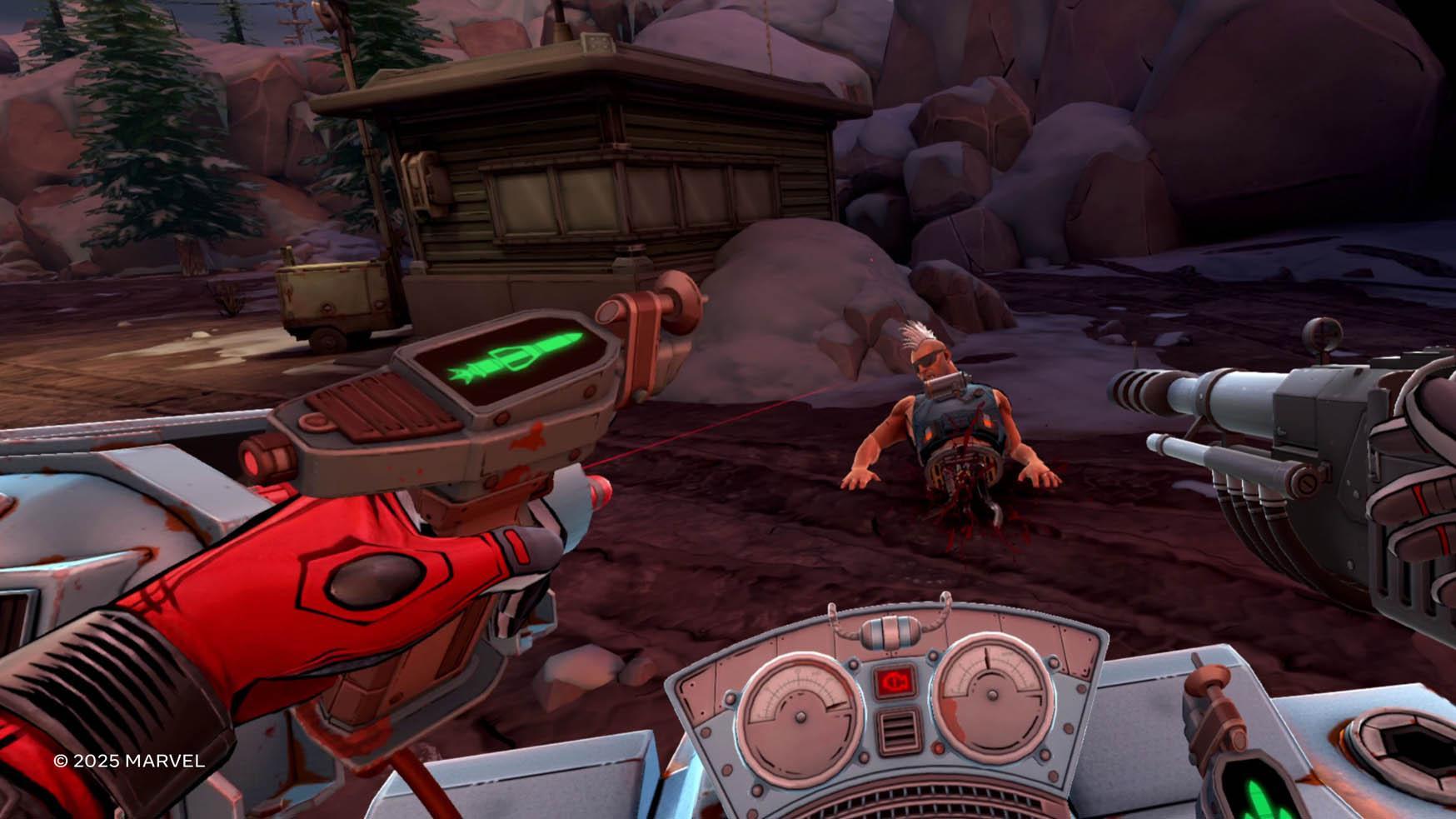 گیم پلی ددپول VR: دشمنی در حالی که Deadpool در نوعی مکانیزم در Marvel's Deadpool VR حمله می کند، از وسط نصف می شود