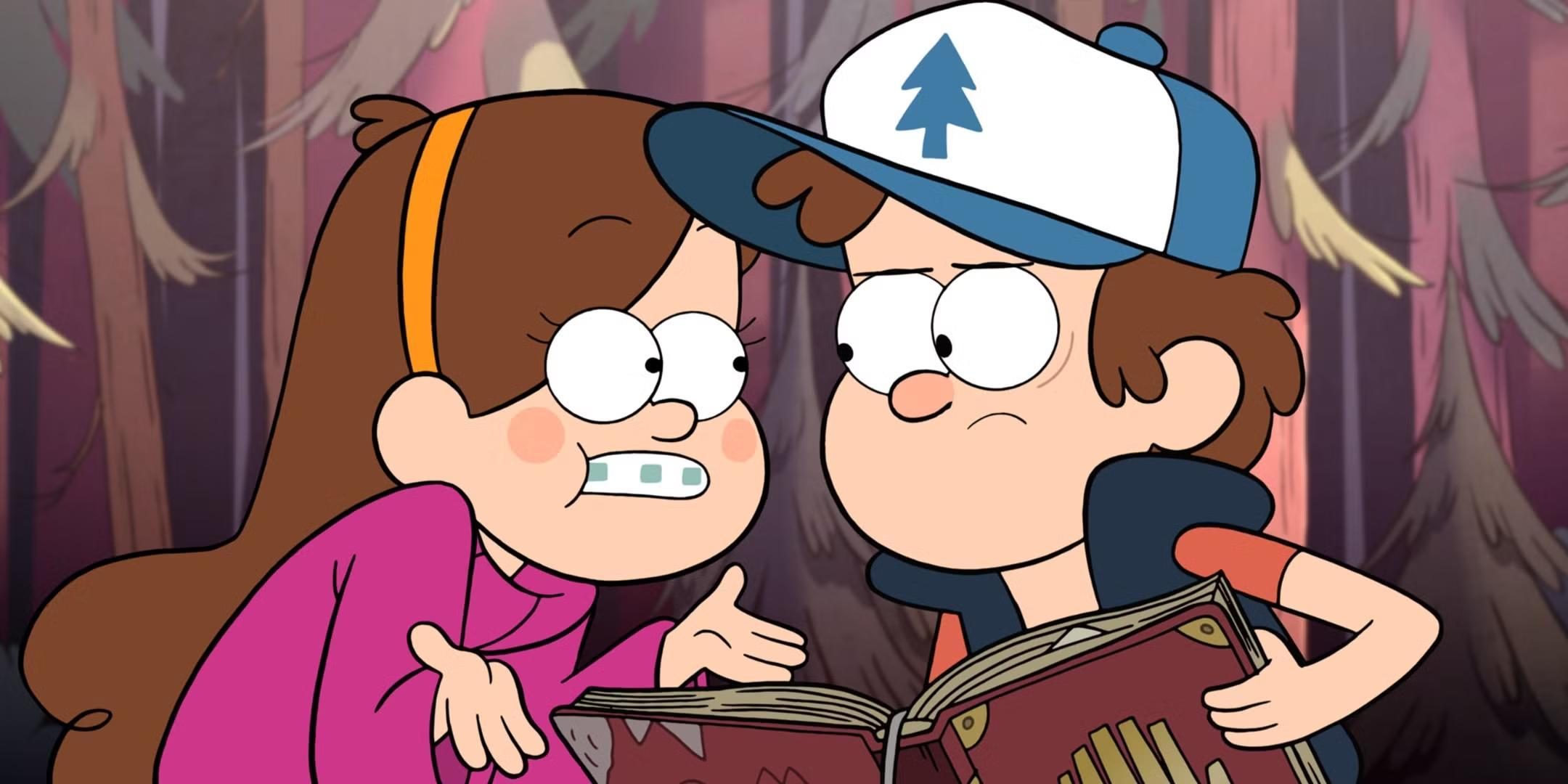 دیپر و میبل در Gravity Falls کنجکاوانه نگاه می کنند، انیمیشن بدون قسمت بد