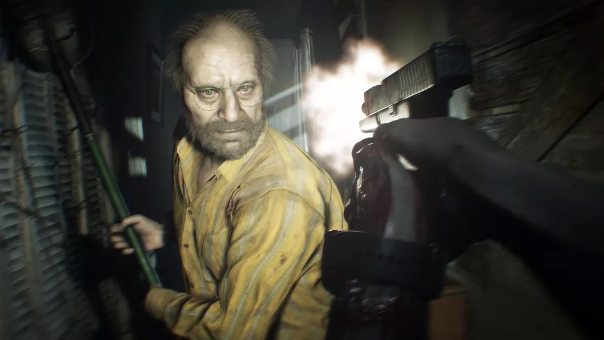 بهترین بازی های ترسناک - Resident Evil 7 screenshot in first-person of a gun being aimed and fired at Jack Baker as he raises a metal weapon at the player