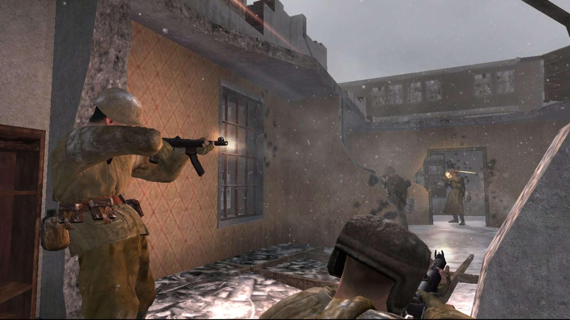 تصویری از Call of Duty 2 از نقشه Tankhunt، یکی از بهترین بازی های Call of Duty، که سربازان را در حال تیراندازی به دشمنان در یک ساختمان ویران شده نشان می دهد.