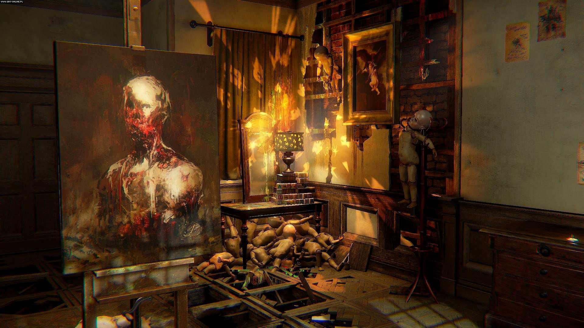 بهترین بازی های ترسناک - Layers of Fear screenshot showing a portrait painting of a decaying person on an easel before a table that has lots of baby dolls stuffed beneath it
