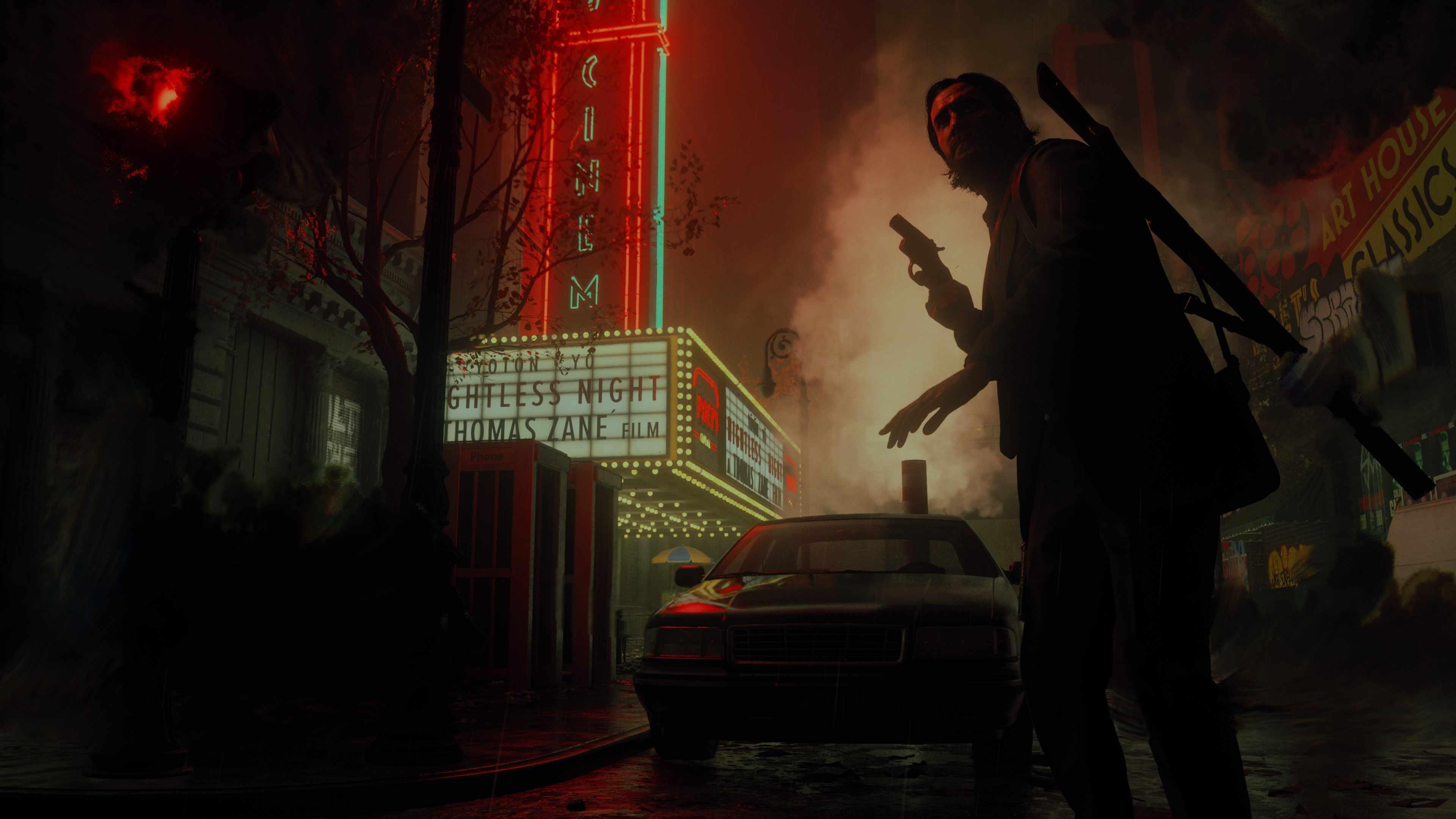 بهترین بازی های ترسناک - Alan Wake 2 hero shot showing Alan Wake exploring the dark place outside of a cinema