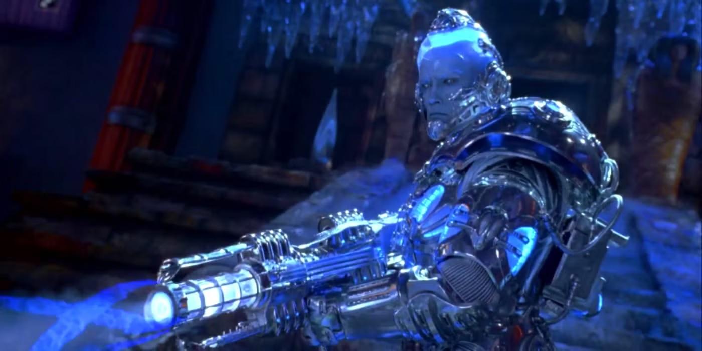 آرنولد شوارتزنگر در نقش Mr. Freeze در حال شلیک اشعه انجماد در Batman & Robin (1997)، یکی از بهترین کاراکترهای منفی Batman