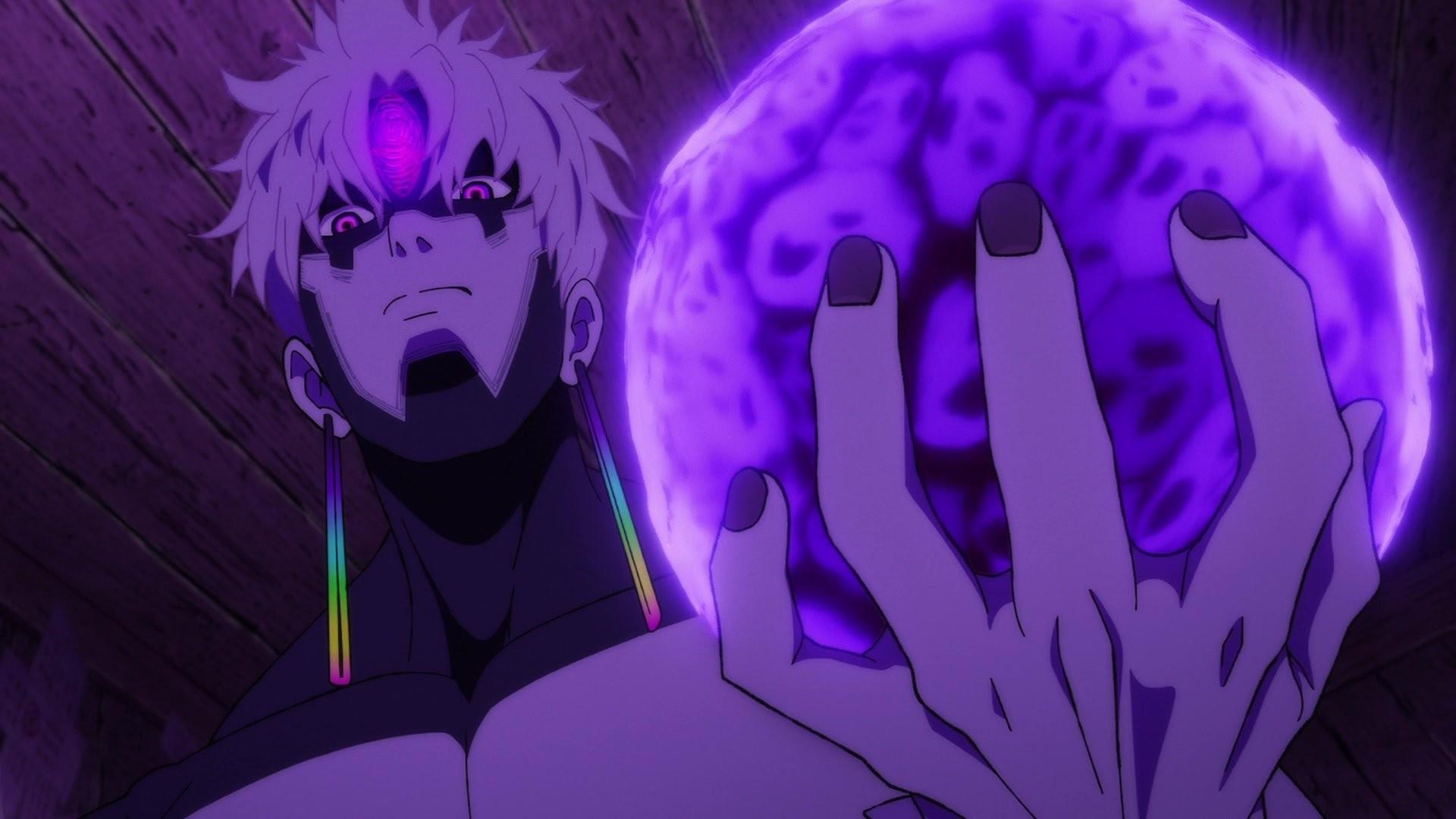 Man holding a purple orb from Dan Da Dan season 2 - Dan Da Dan فصل 3 تاریخ انتشار