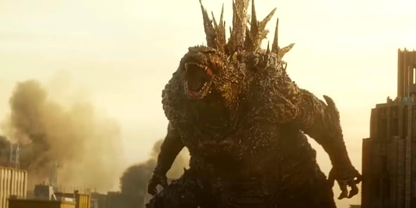 Godzilla roaring in the ruins of a city in Godzilla Minus One. مثالی از سینمای کم هزینه هالیوود.