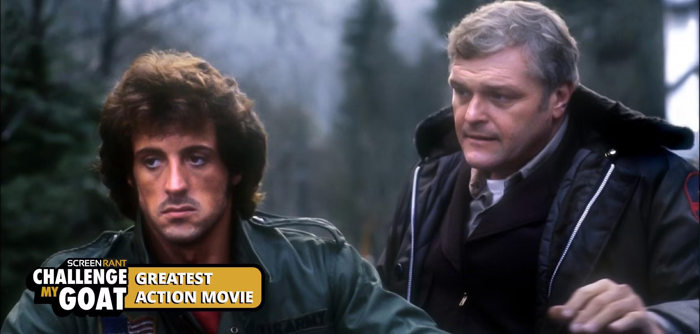 John Rambo (Sylvester Stallone) gets a talking to from Sheriff Will Teasle (Brian Dennehy) in First Blood, بهترین فیلم اکشن تاریخ.