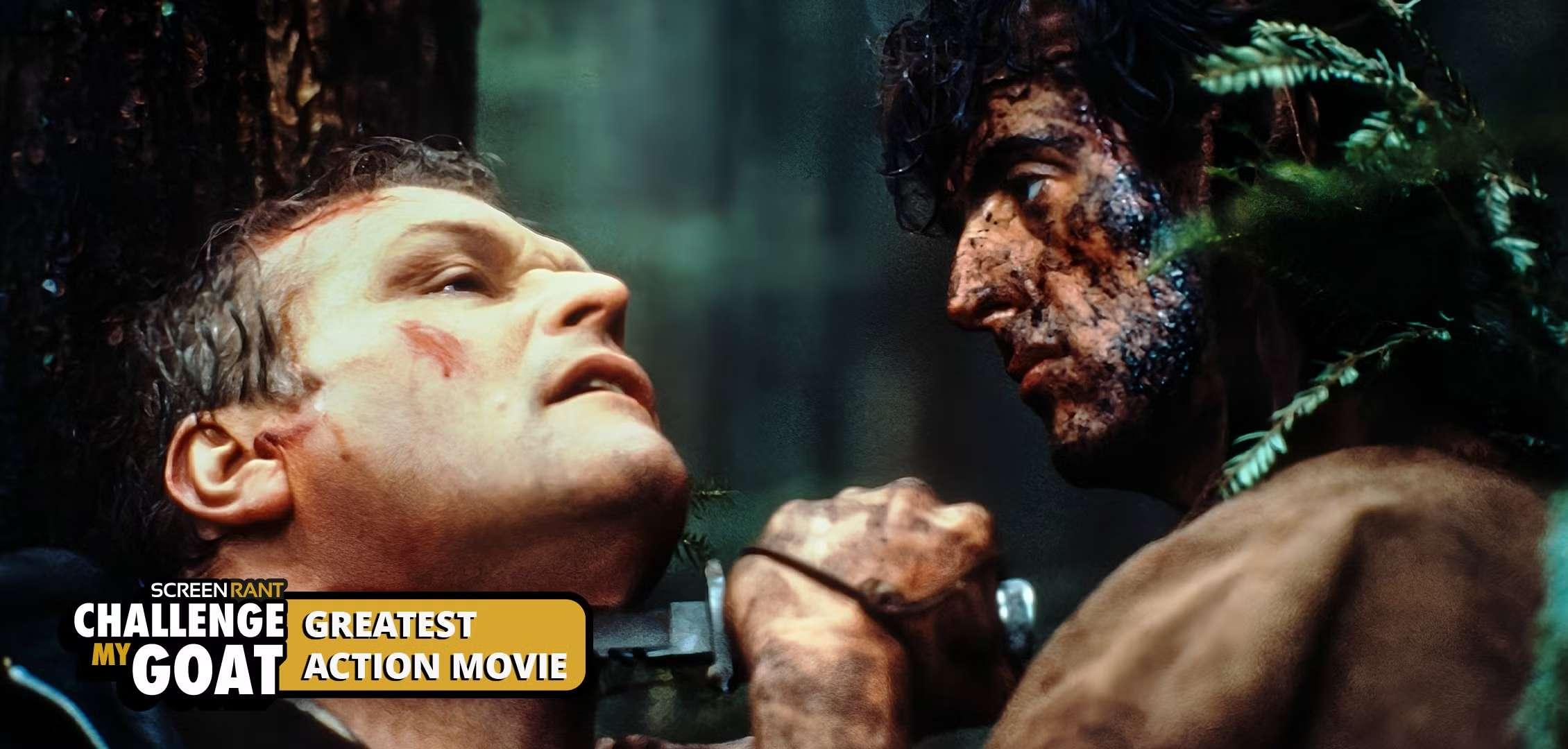 John Rambo holds a knife to Sheriff Teasle's throat in First Blood, بهترین فیلم اکشن تاریخ.