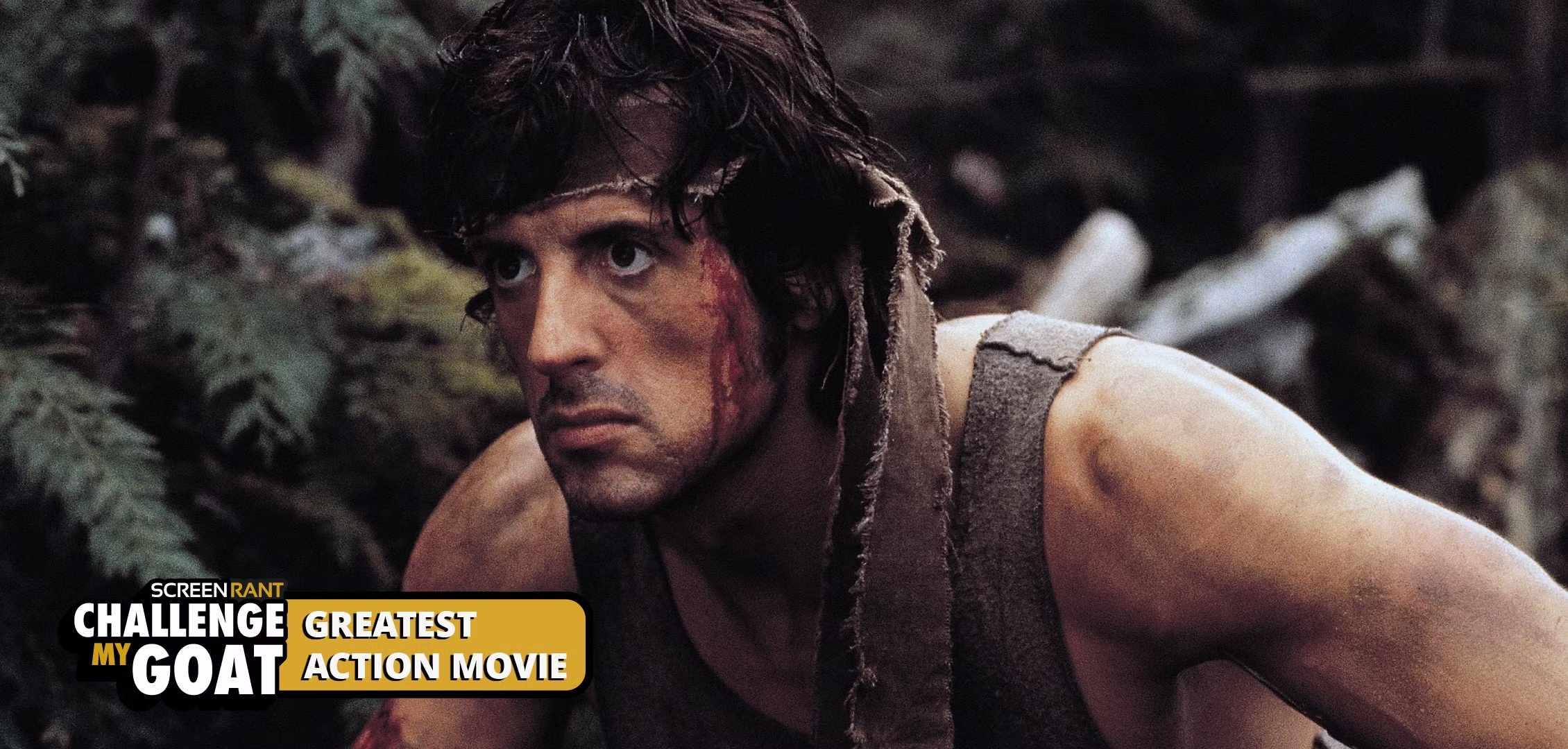 John Rambo, with dried blood on his face, stalks through the woods in First Blood, بهترین فیلم اکشن تاریخ.