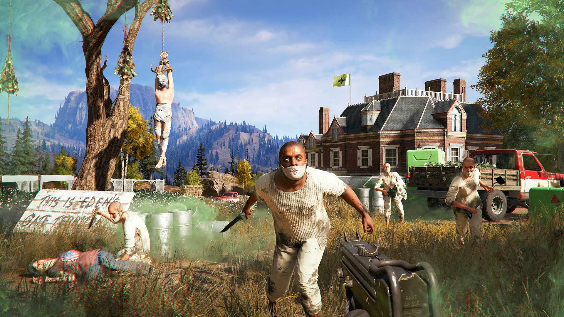 بهترین بازی های فارکرای - هدف گیری اعضای فرقه نقاب دار سفیدپوش در Far Cry 5، با پس زمینه ای روستایی آمریکایی، یک خانه بزرگ، یک کامیون، و کسی که از مچ دست هایش از درختی آویزان شده است. یک تابلو می گوید: &amp;quot;این قلمرو Eden's Gate است&amp;quot;