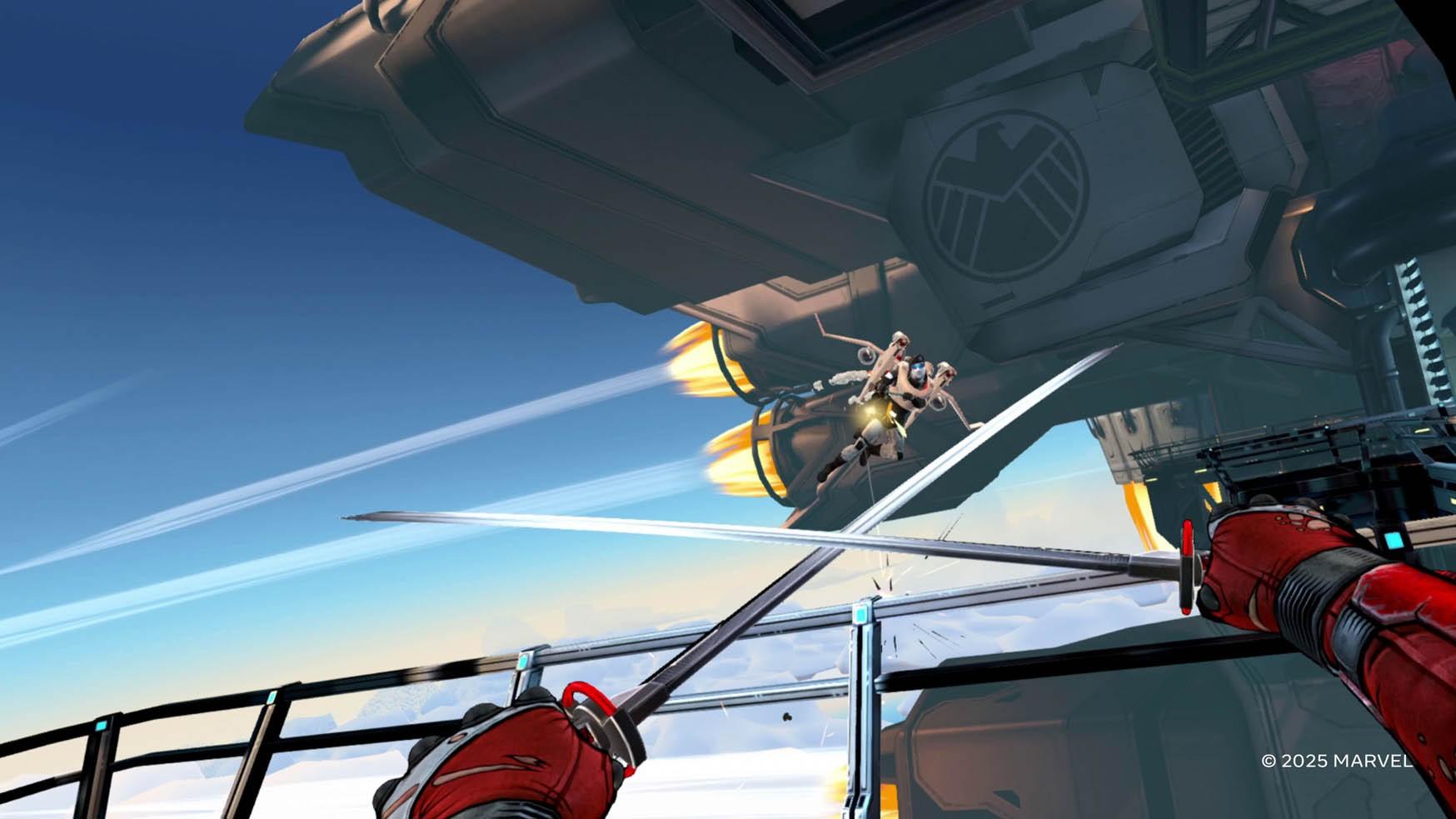 گیم پلی ددپول VR: Deadpool با استفاده از شمشیرهای خود، گلوله های یک نگهبان جت پک دار را در Marvel's Deadpool VR دفع می کند