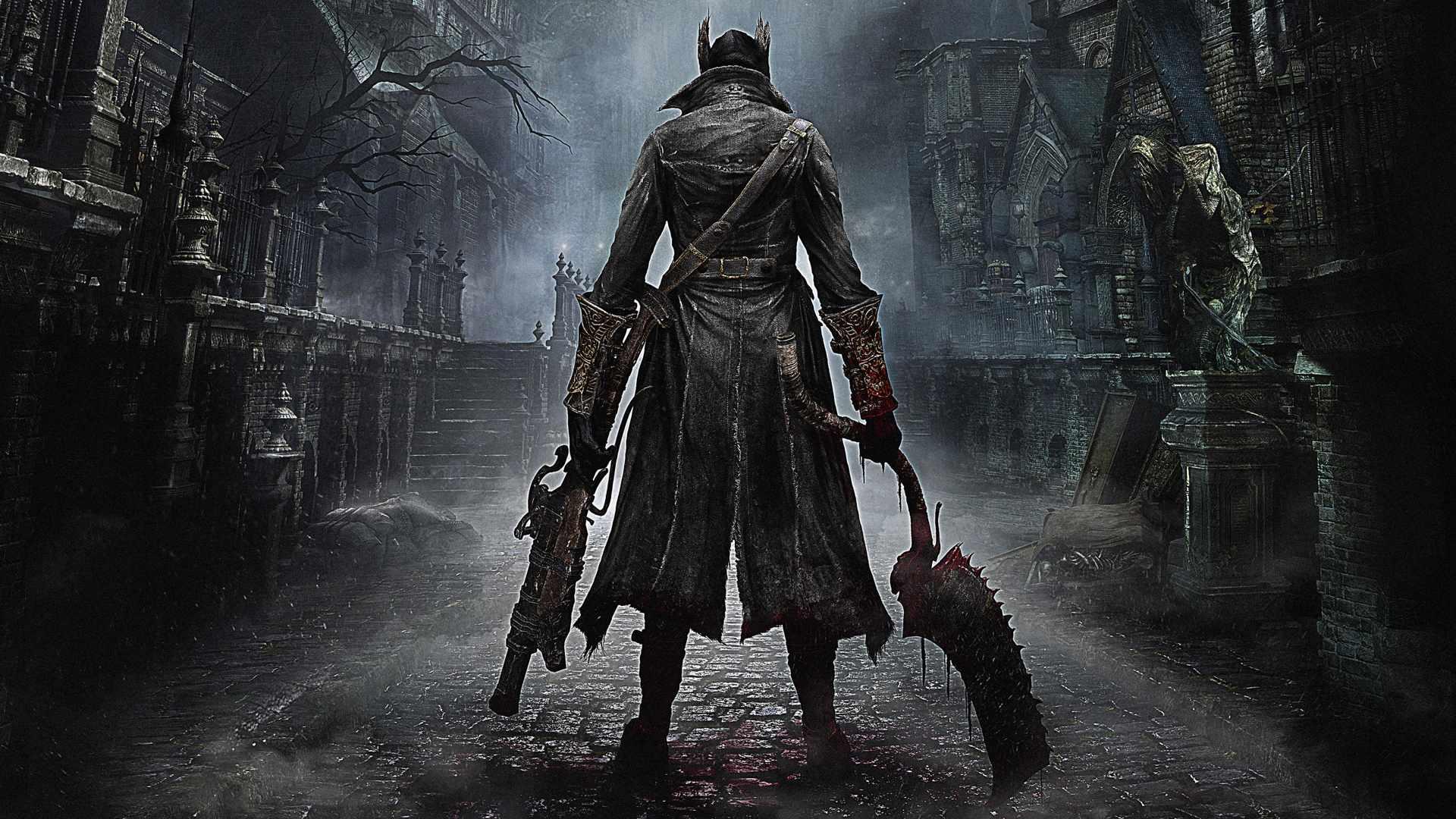بهترین بازی های ترسناک - Bloodborne screenshot of The Hunter player-character with their back to us, wielding a bladed in their right hand and an a ranged weapon in their left