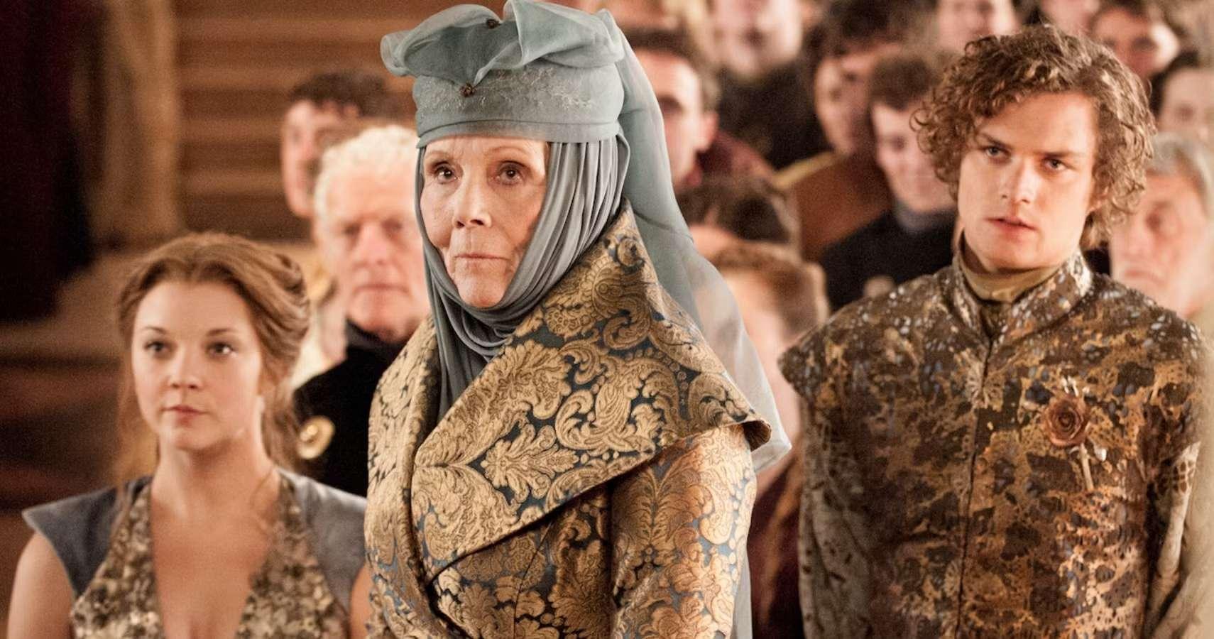 Margaery, Olenna, and Loras of House Tyrell standing in Game of Thrones - بازگشت Tyrell در Game of Thrones