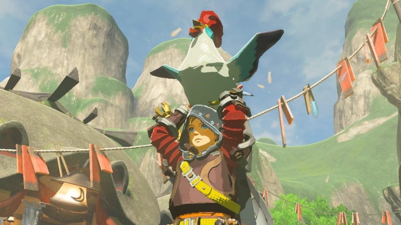Link holding a chicken above his head in Legend of Zelda: Breath of the Wild, یکی از بهترین بازی های RPG.