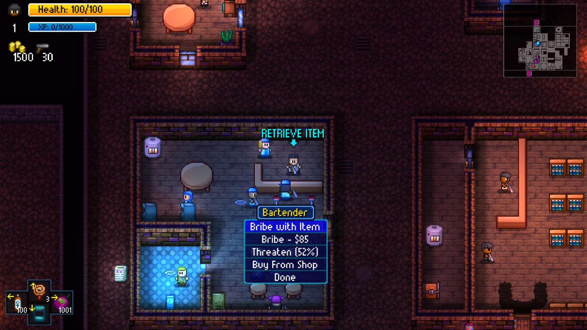 Bartender NPC interaction in Streets of Rogue, part of بهترین بازی های Roguelike.