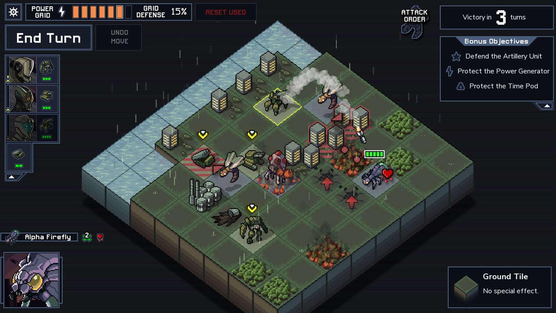 Seaside level in Into the Breach, a mech strategy game from بهترین بازی های Roguelike.