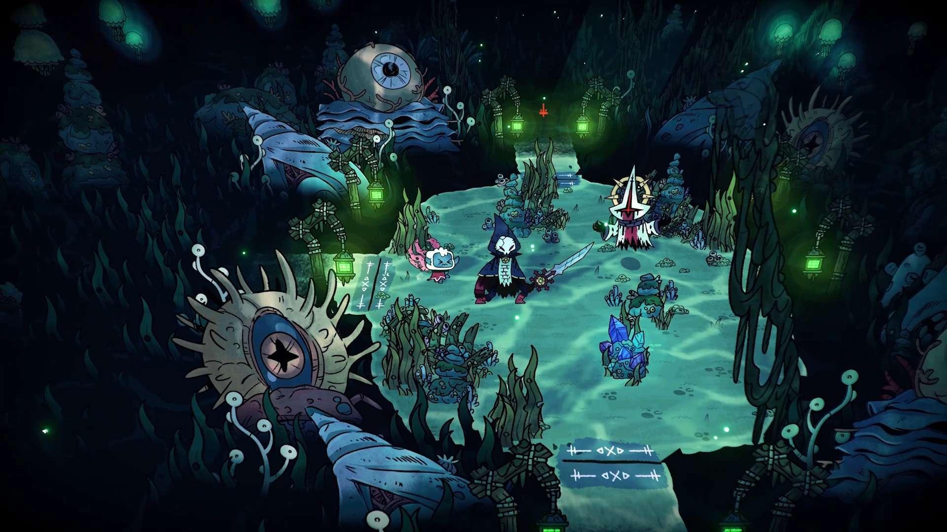 The lamb in an underwater dungeon fighting enemies in Cult of the Lamb, one of بهترین بازی های Roguelike.