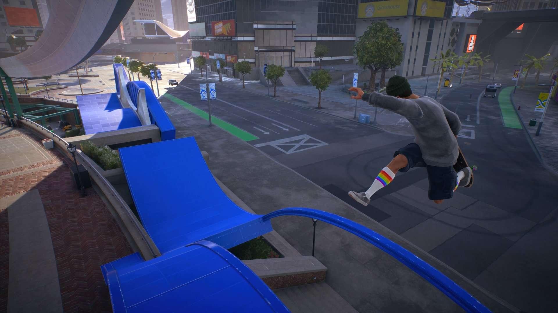 اسکرین شات از بازی Skate که یک اسکیت باز در حال انجام یک حرکت نمایشی در سن ونستردام است، Skate فرمول موفق