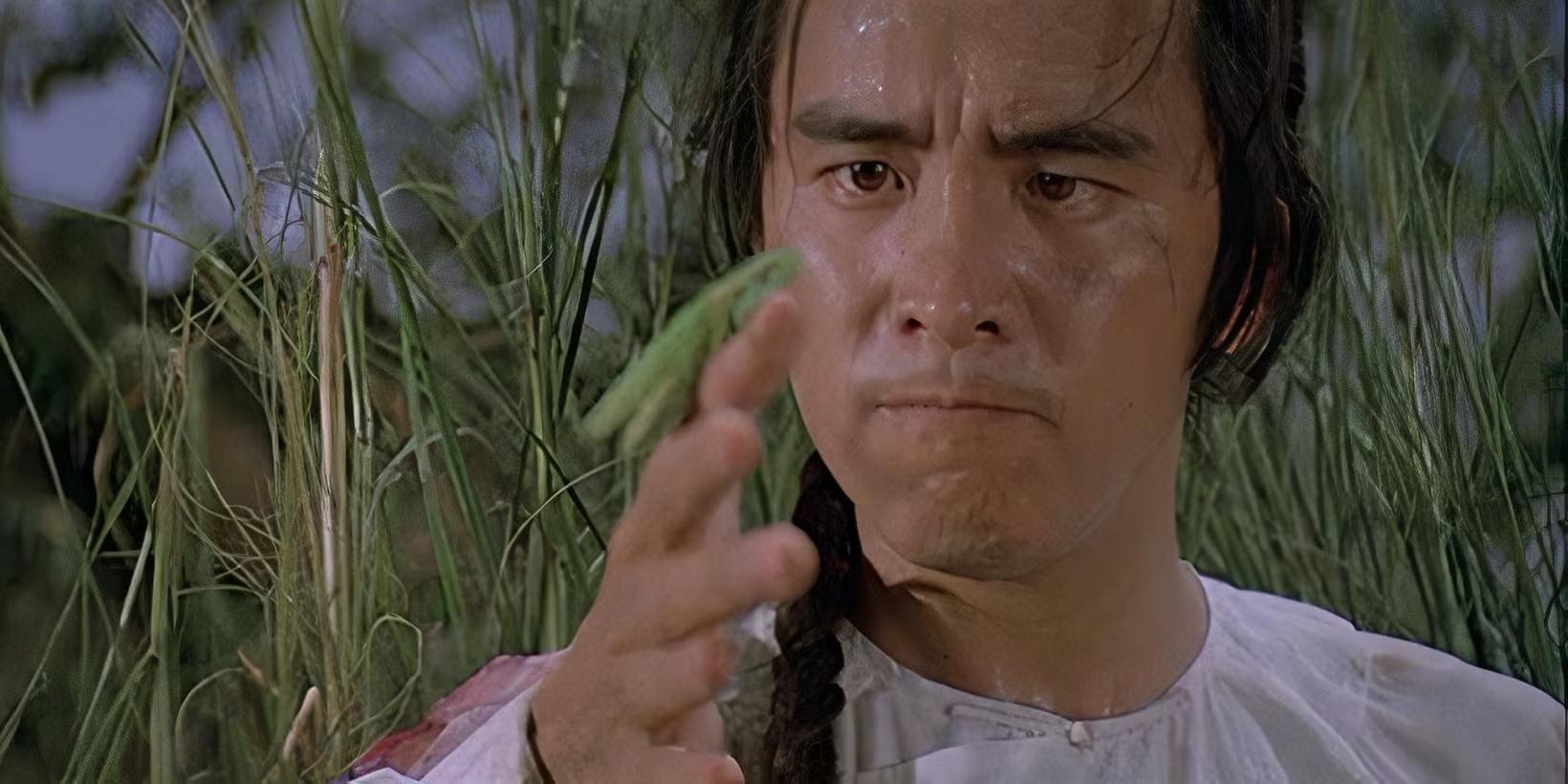 دیوید چیانگ در نقش وی فنگ که یک آخوندک رو در دستش در فیلم Shaolin Mantis، یکی از فیلم های رزمی کمتر دیده شده، گرفته است