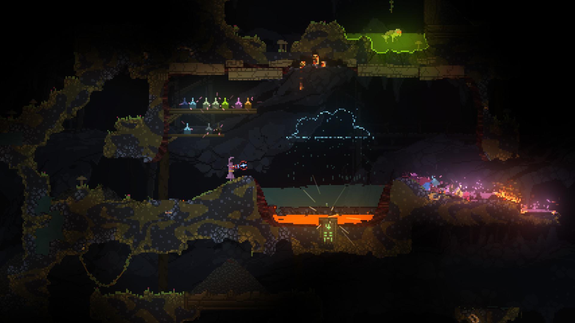 Water and lava colliding in Noita, a physically simulated game from بهترین بازی های Roguelike.