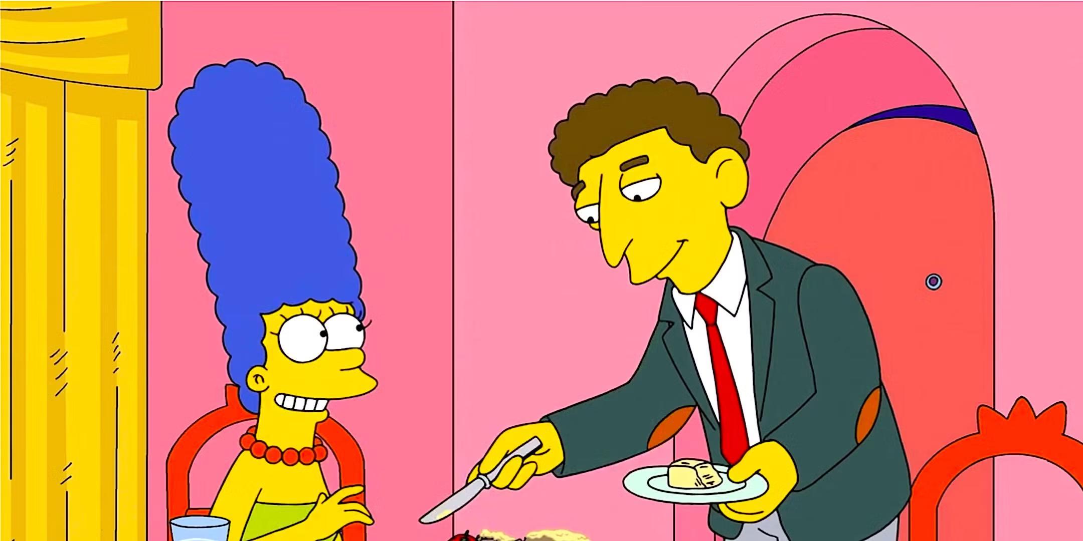 سیاست The Simpsons: آقای بِرگستروم در حال کره مالیدن به سبزیجات با مارج سر میز شام در The Simpsons فصل 25
