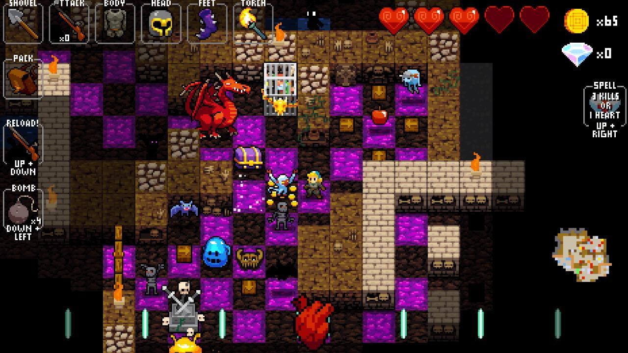 Purple-tiled dungeon in Crypt of the Necrodancer, a rhythm-based game from بهترین بازی های Roguelike.