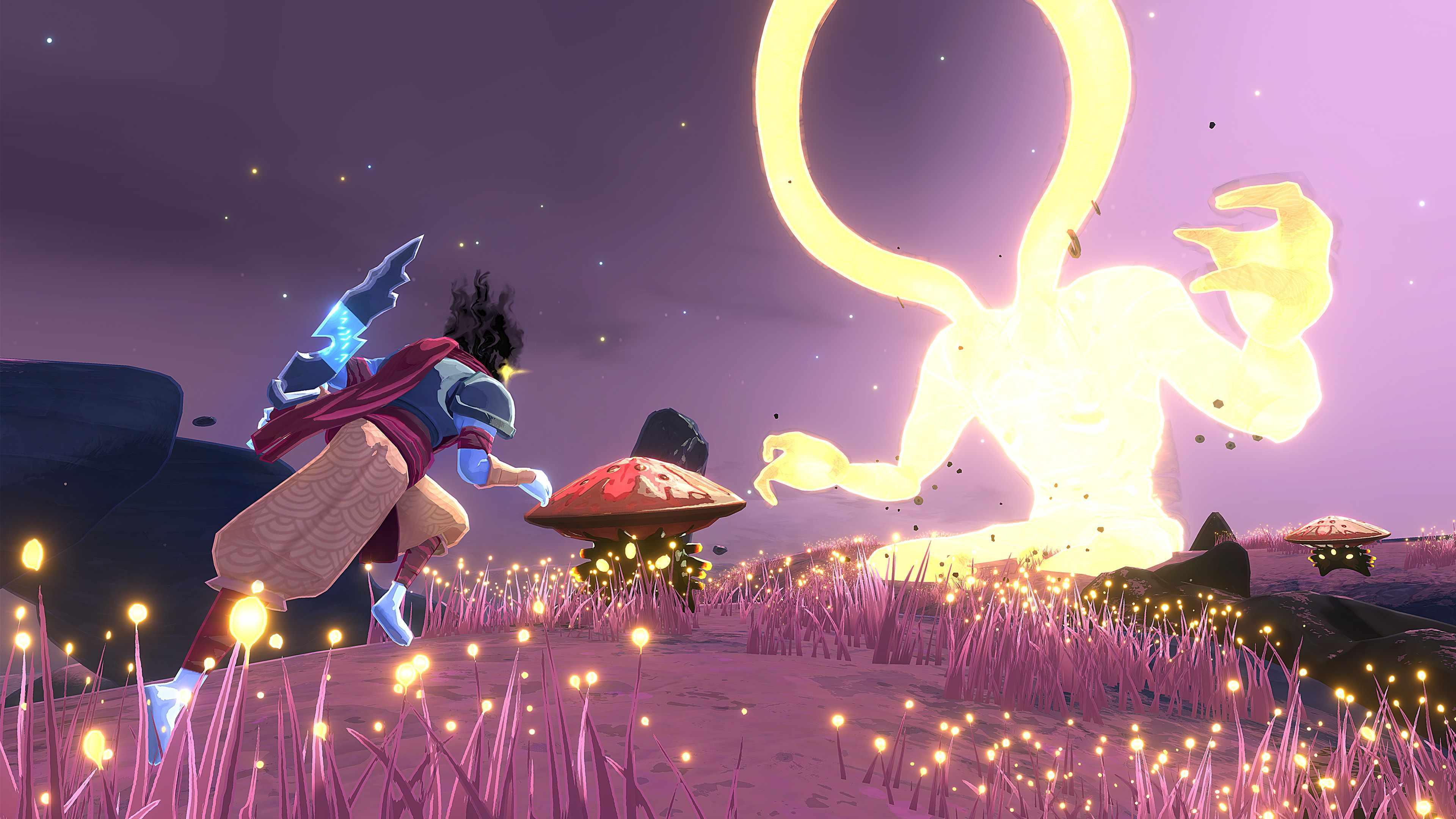 DLC character fighting a solar giant in Risk of Rain 2, a 3D co-op shooter from بهترین بازی های Roguelike.