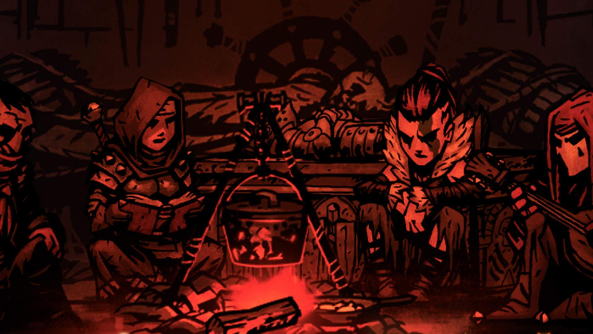 Resting party in Darkest Dungeon, a challenging RPG among بهترین بازی های Roguelike.