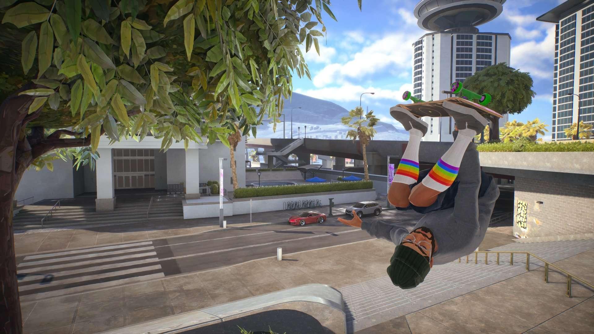 اسکرین شات از بازی Skate که یک اسکیت باز در حال انجام یک حرکت نمایشی در هواست و در این تصویر وارونه قرار گرفته است، Skate فرمول موفق