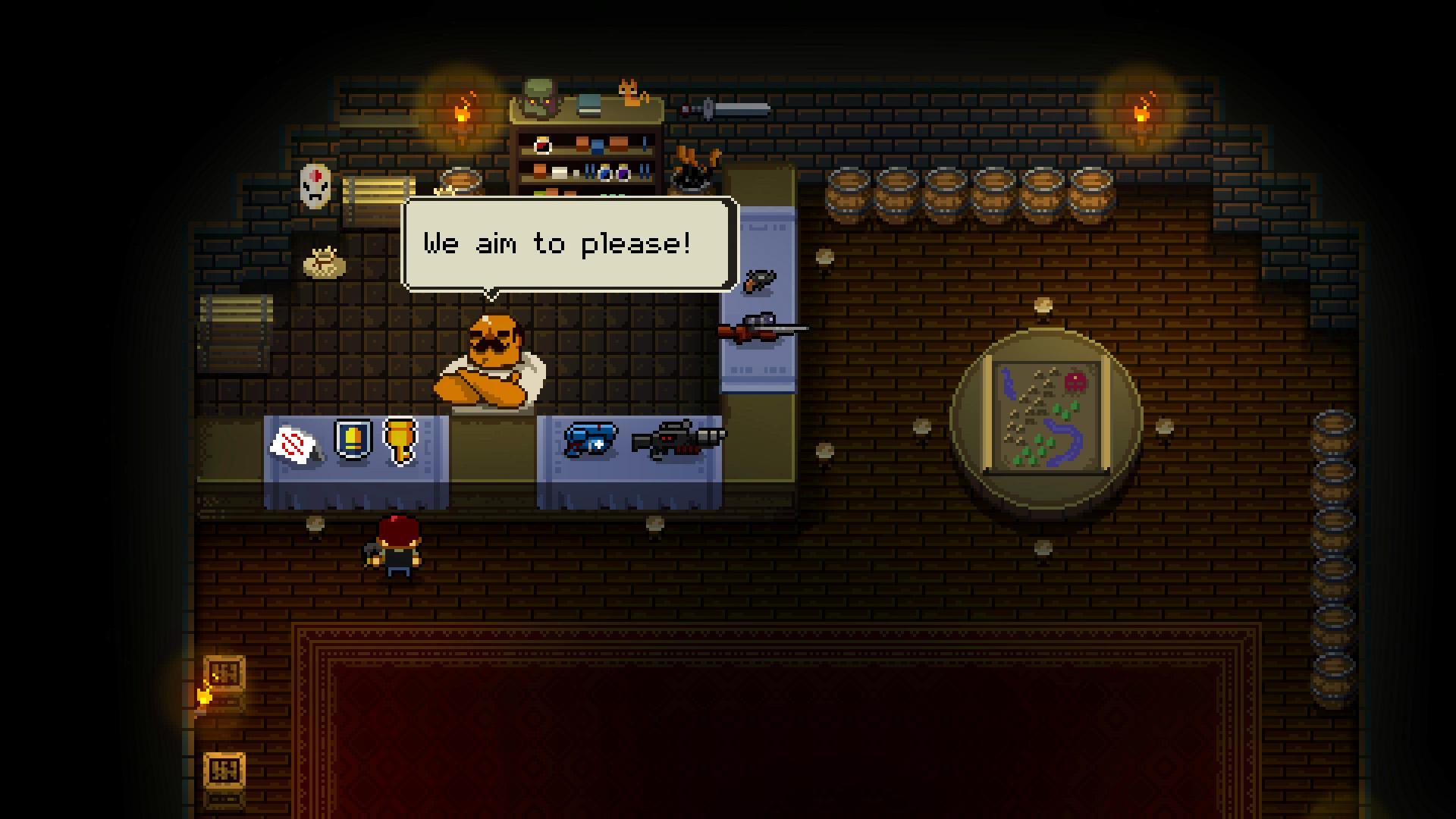 Shopkeeper from Enter the Gungeon, a bullet-hell game from بهترین بازی های Roguelike.