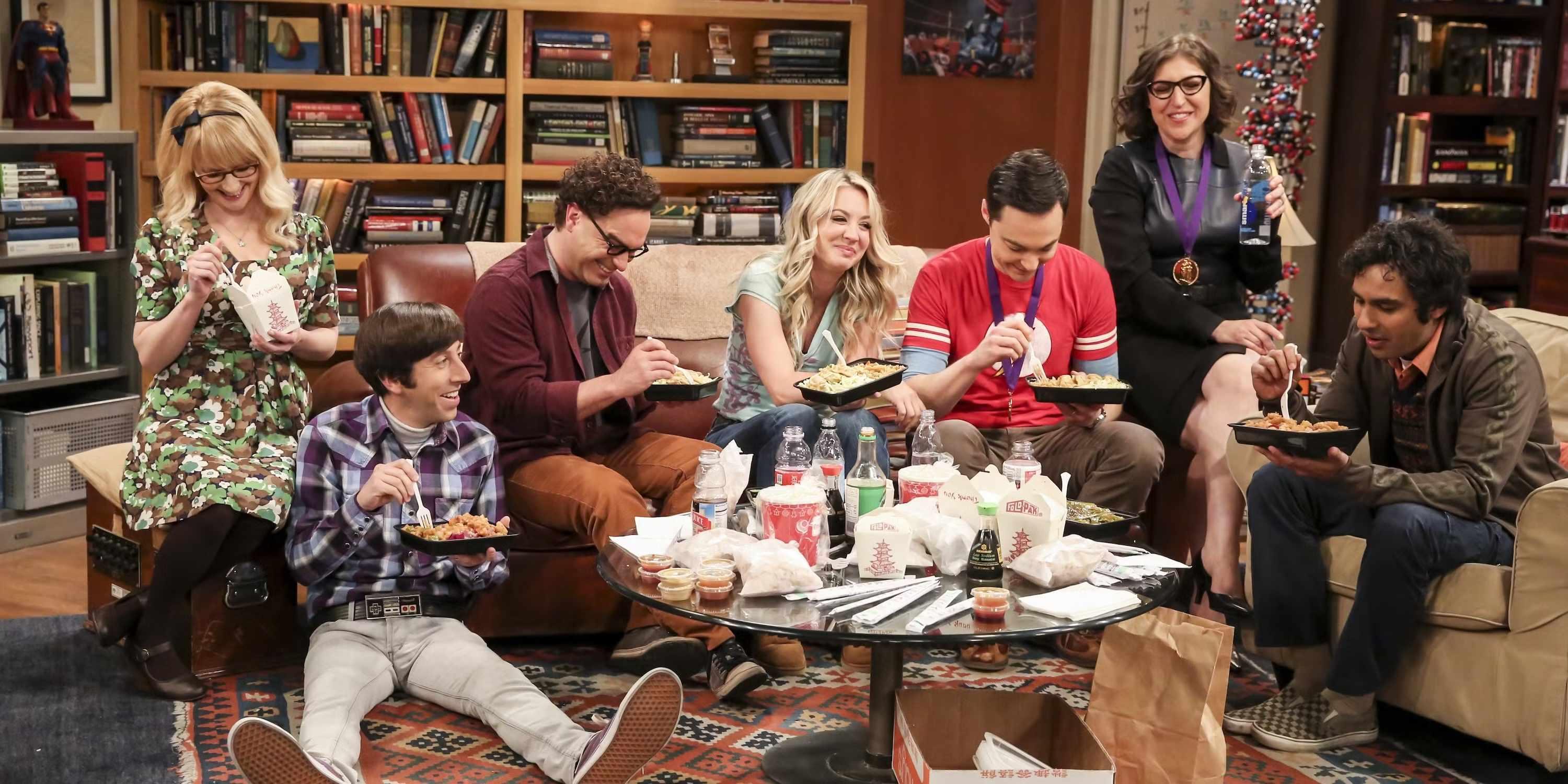 The Big Bang Theory cast eating food; Stuart Fails To Save The Universe explores their multiverse versions