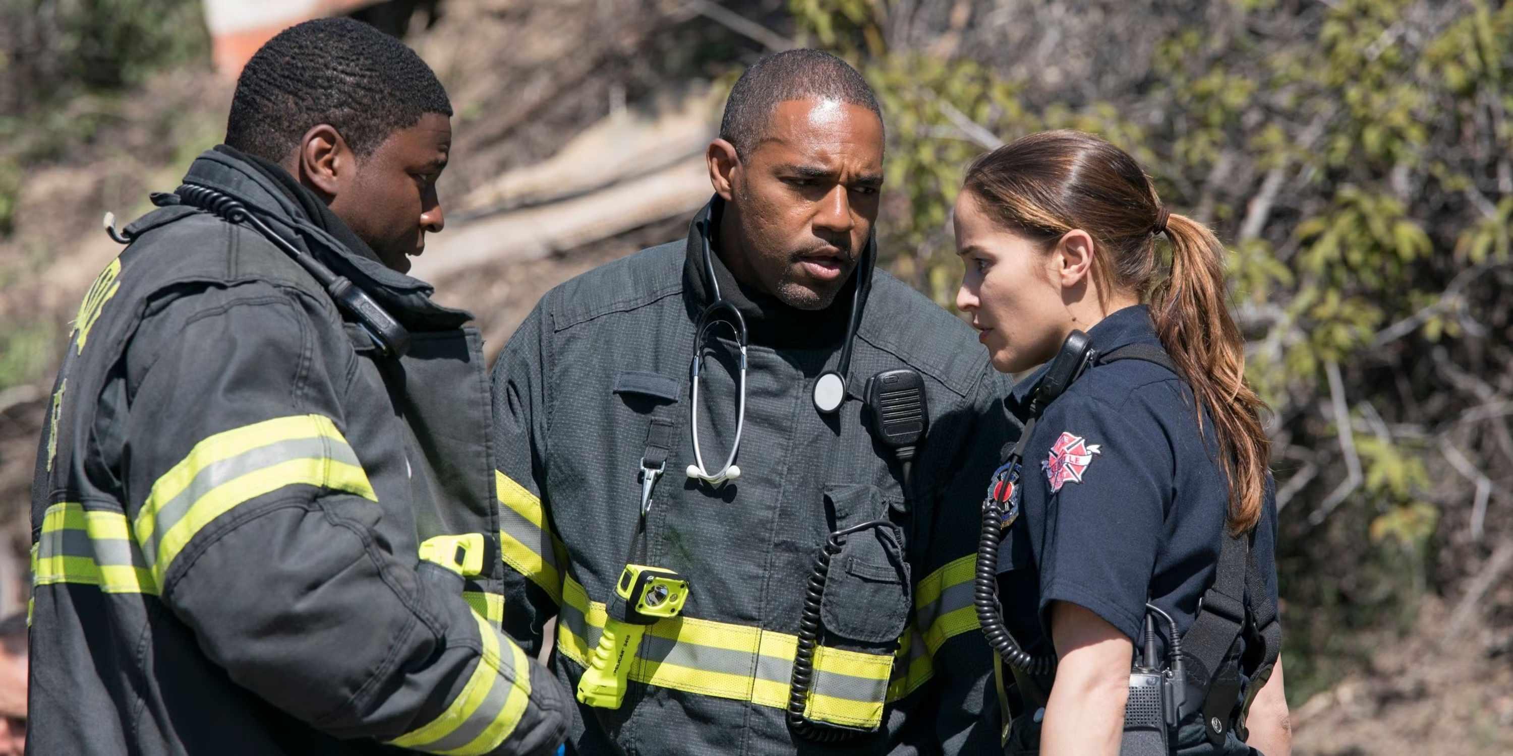 Jason George, Jaina Lee Ortiz, and Okieriete Onaodowan in firefighter uniforms in Station 19, یکی از بهترین سریال اکشن Hulu