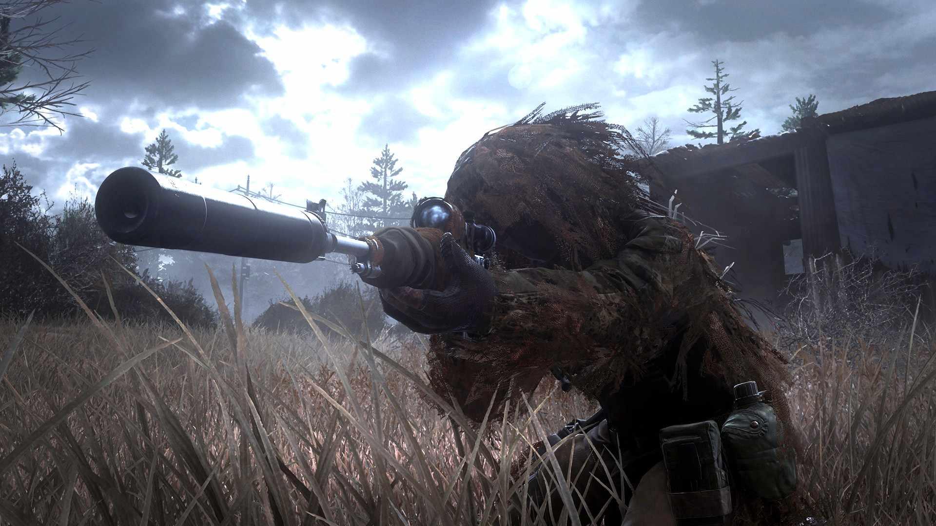 یک تک تیرانداز با لباس استتار در Call of Duty 4: Modern Warfare، یکی از بهترین بازی های Call of Duty.