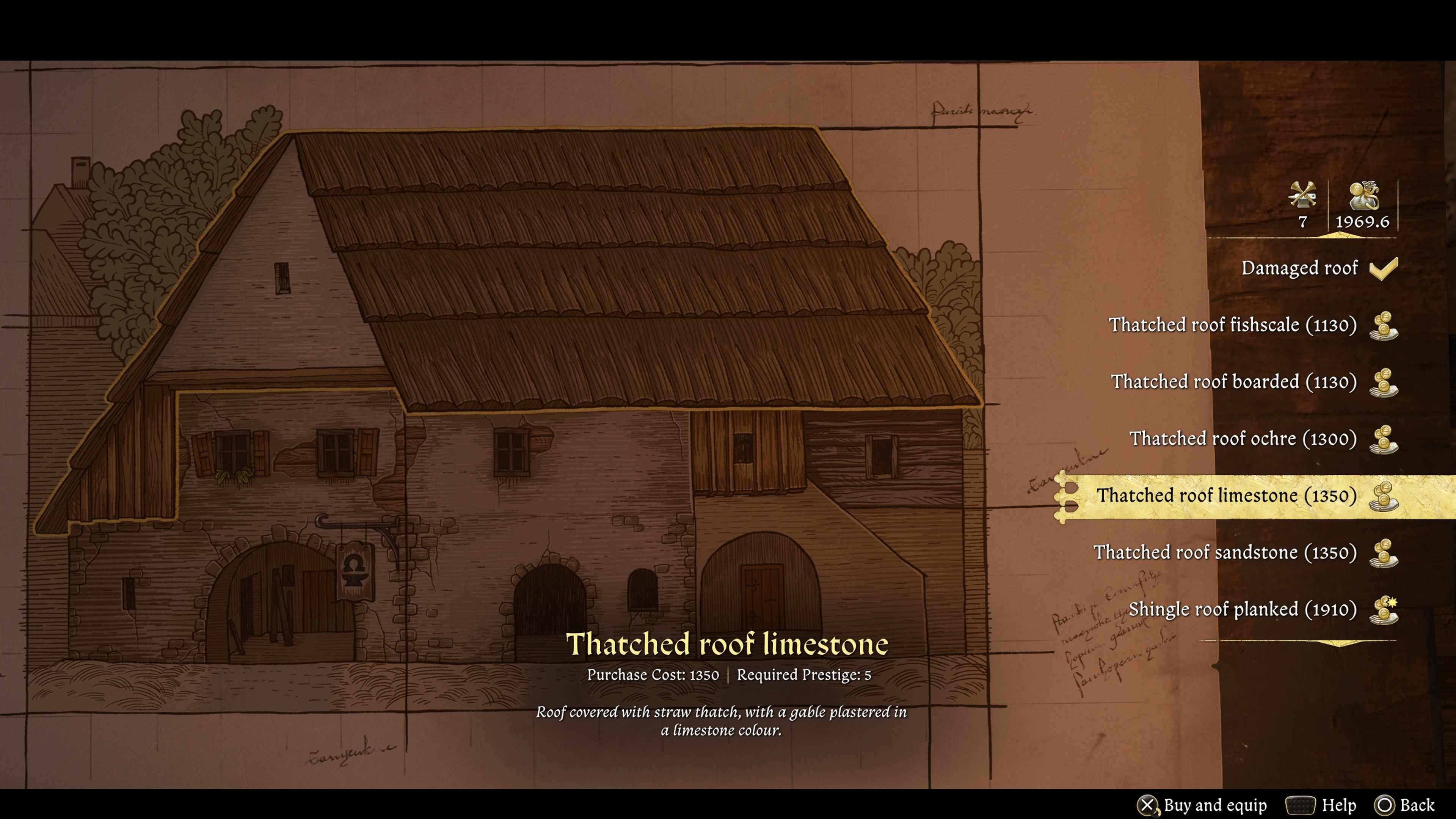 نمایی از Kingdom Come Deliverance 2 Legacy of the Forge DLC نشان دهنده برنامه های تعمیر سقف آهنگری، با گزینه سقف کاهگلی با سنگ آهک به قیمت 1350 گروشن - Kingdom Come: Deliverance 2 پول و دزدی