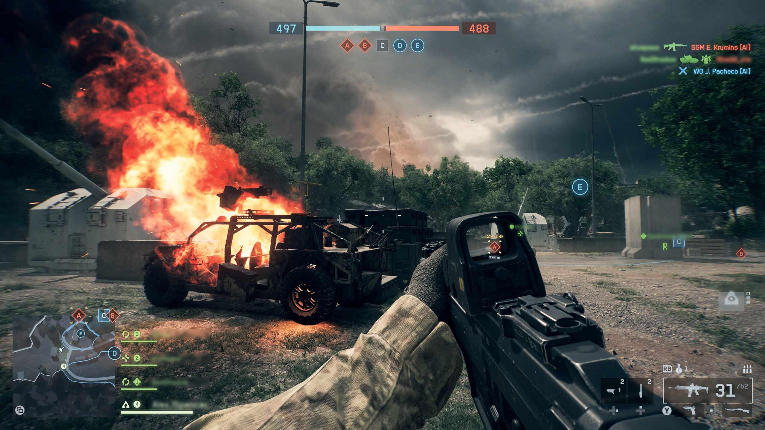 بازیکن در Battlefield 6 بازگشت به ریشه ها در مقابل یک وسیله نقلیه در حال سوختن، با تفنگ بالا گرفته – از EDGE 415