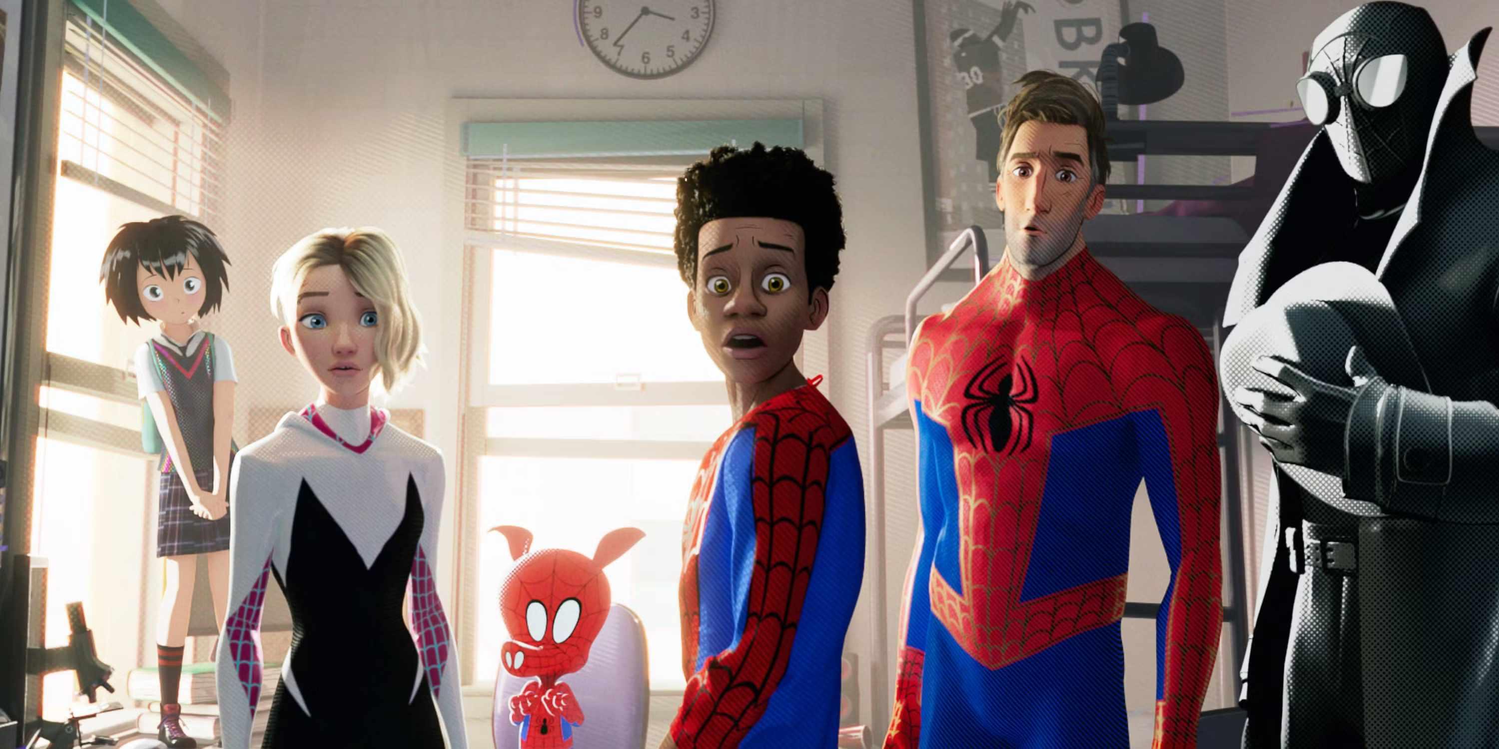 Spider-Man variants looking shocked in Spider-Man into The Spider-Verse - رقابت Spider-Man و Pixar