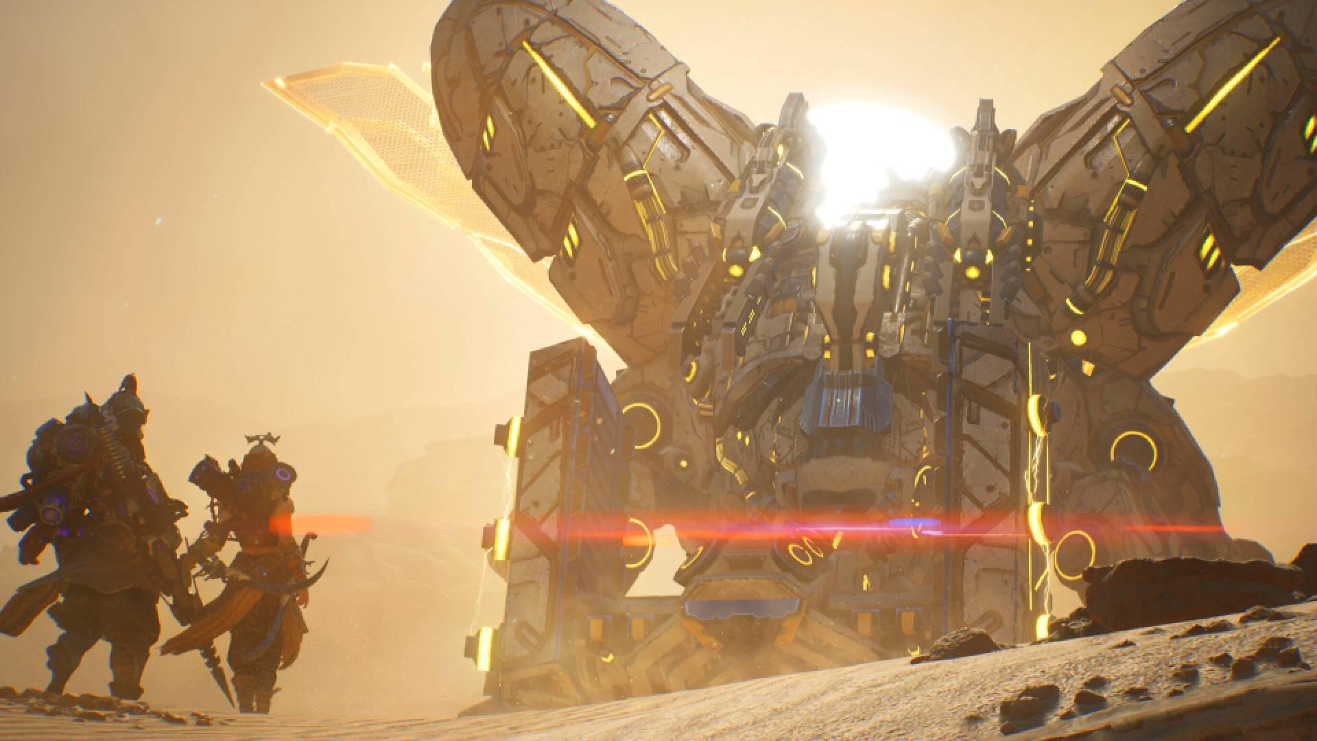 اسکرین شاتی از Light of Motiram، بازی مورد بحث در دعوای کپی بازی Horizon Zero Dawn، که دو شخصیت در حال تماشای یک سازه مکانیکی غول پیکر هستند.