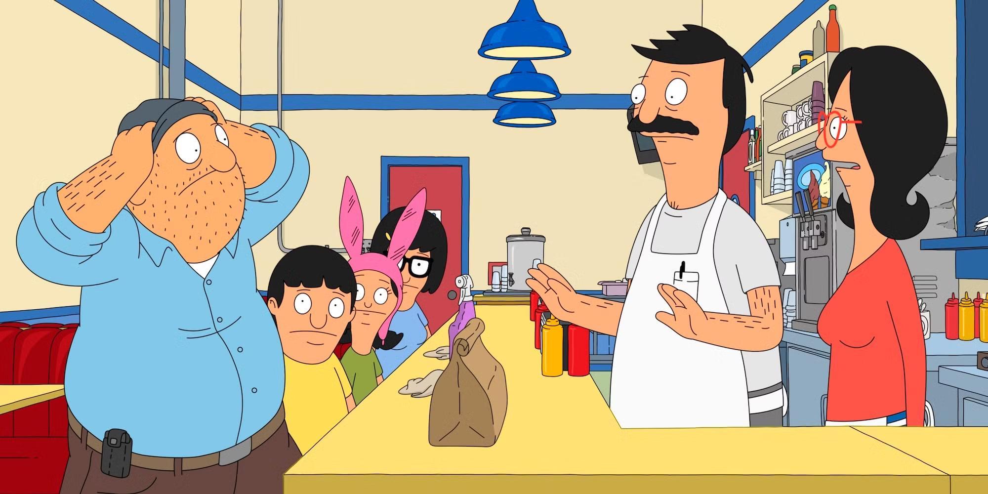 تدی در Bob's Burgers کلاهش را با عصبانیت می گیرد در حالی که بقیه خانواده بلچر سعی می کنند او را آرام کنند - بهترین سریال انیمیشنی Bob's Burgers.