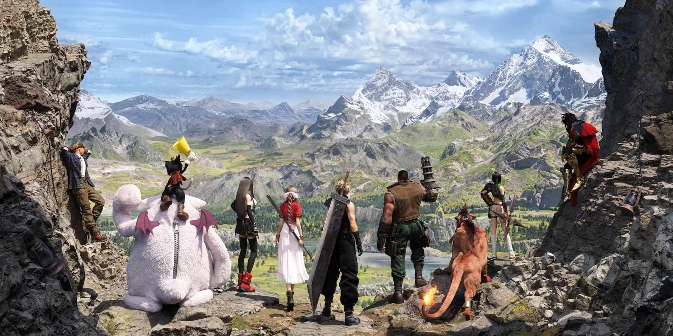 تایید FF7 Rebirth Switch 2: The party from FF7 Rebirth looking at a mountain range