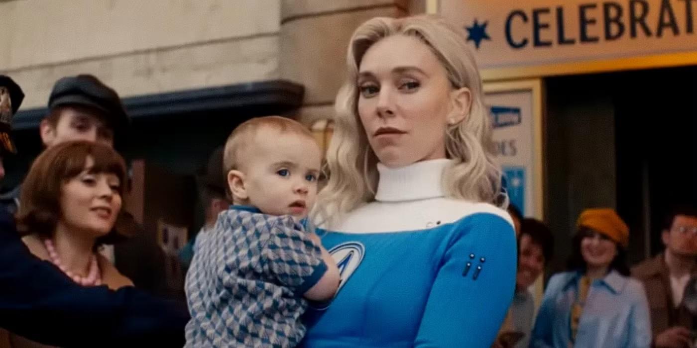 Vanessa Kirby's Sue Storm holds baby Franklin Richards, a potential شرورهای همراه Doctor Doom, amidst a crowd in The Fantastic Four First Steps