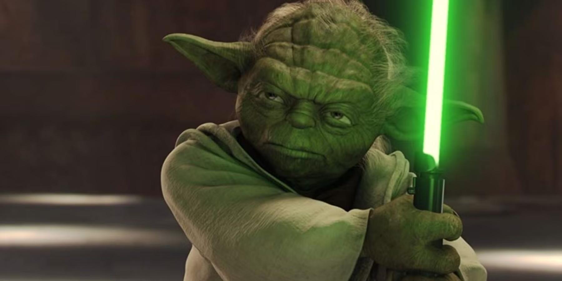 سخنان حکیمانه جدای: یودا در Attack of the Clones با یک لایت سیبر سبز.